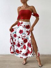 Women's Solid Color Off Shoulder Crop Top And Floral Print Skirt Set
